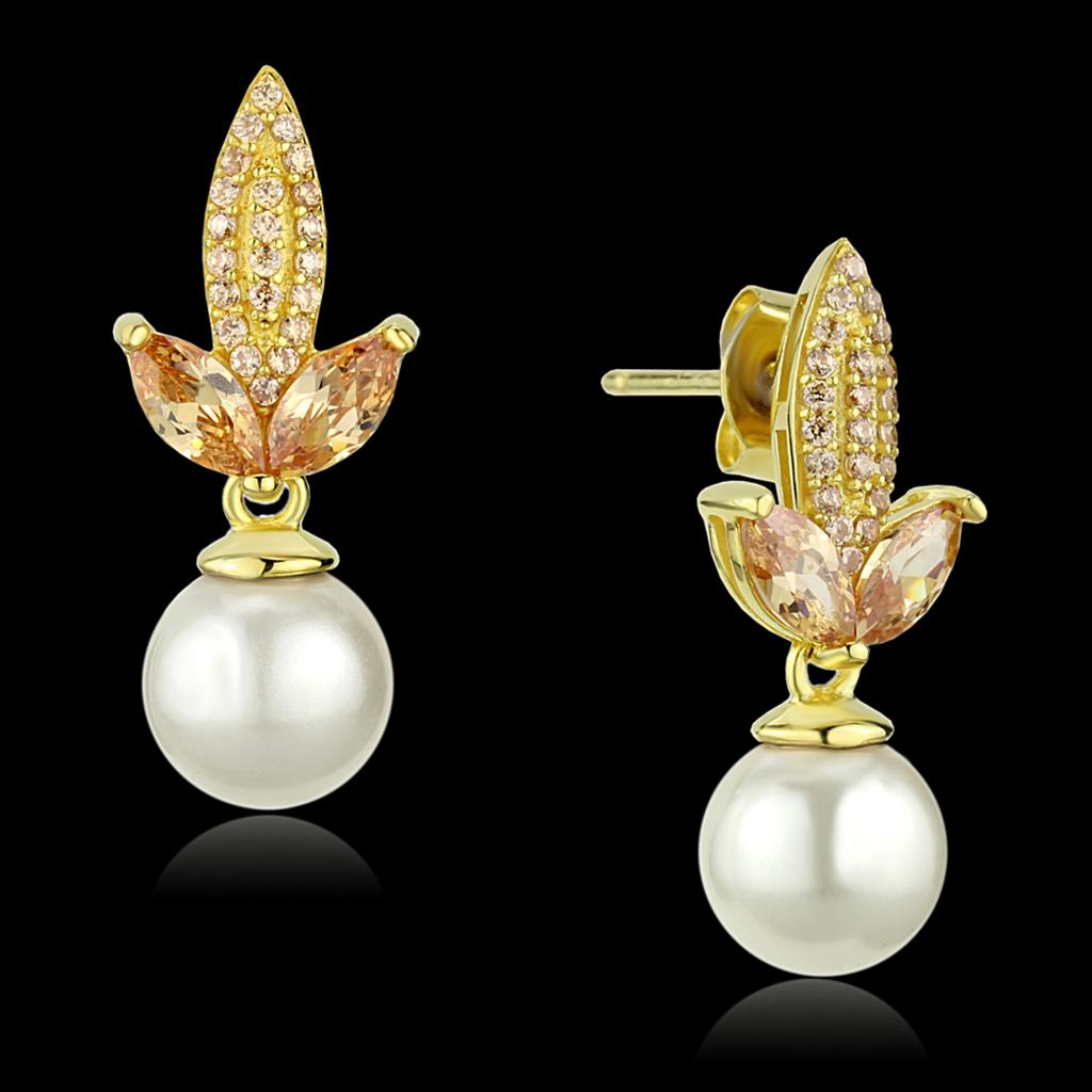 TS298 Gold 925 Sterling Silver Earrings featuring a white synthetic pearl, showcasing elegance and craftsmanship.