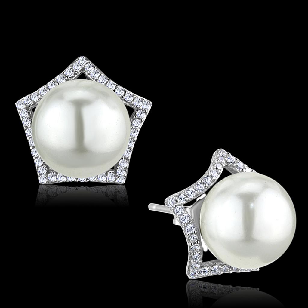 TS300 Rhodium 925 Sterling Silver Earrings featuring a white synthetic pearl, showcasing elegance and craftsmanship.