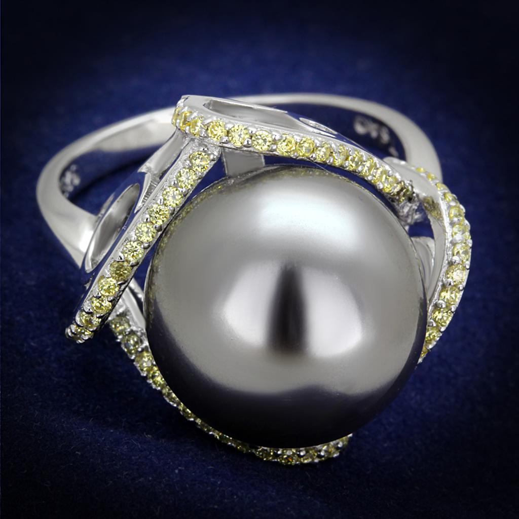 TS318 Rhodium 925 Sterling Silver Ring featuring a gray synthetic pearl, showcasing its elegant design and high-quality materials.