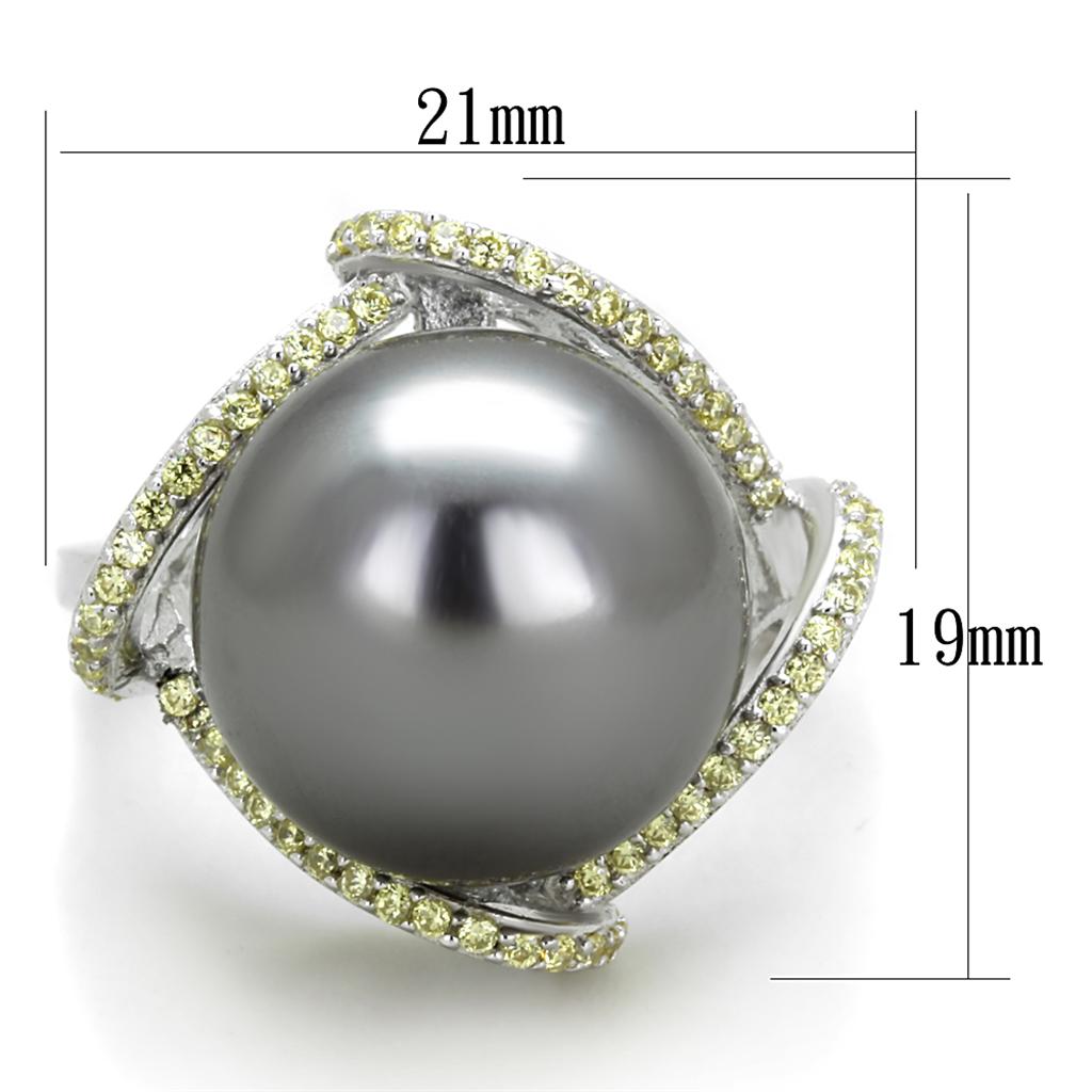 TS318 Rhodium 925 Sterling Silver Ring featuring a gray synthetic pearl, showcasing its elegant design and high-quality materials.