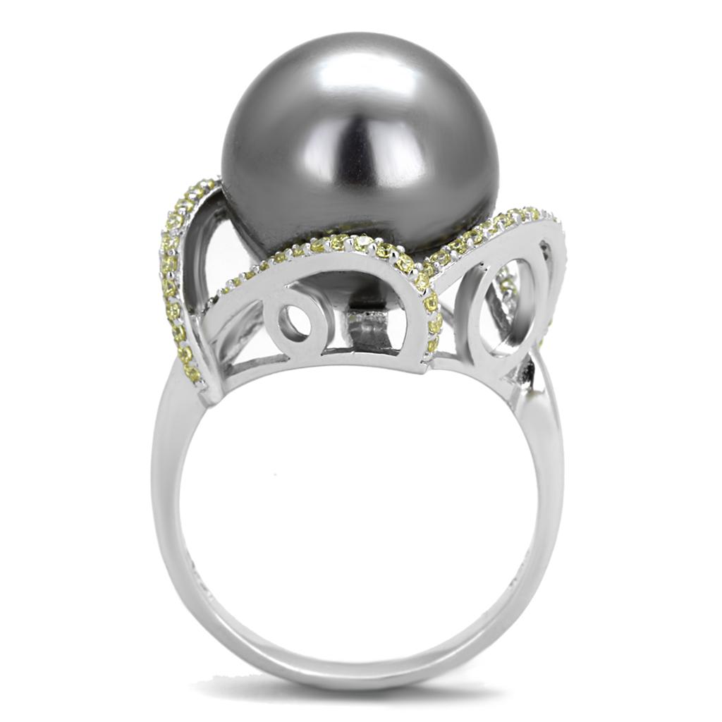 TS318 Rhodium 925 Sterling Silver Ring featuring a gray synthetic pearl, showcasing its elegant design and high-quality materials.