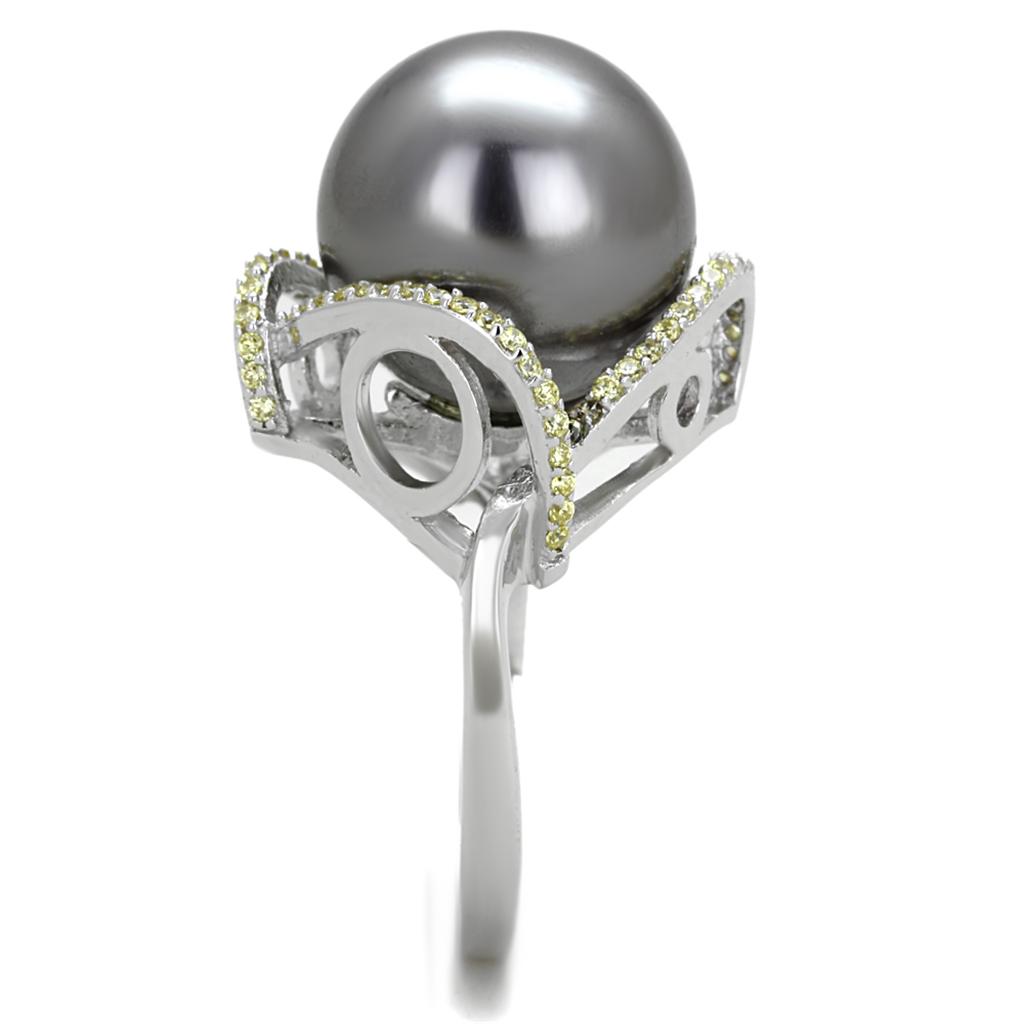 TS318 Rhodium 925 Sterling Silver Ring featuring a gray synthetic pearl, showcasing its elegant design and high-quality materials.