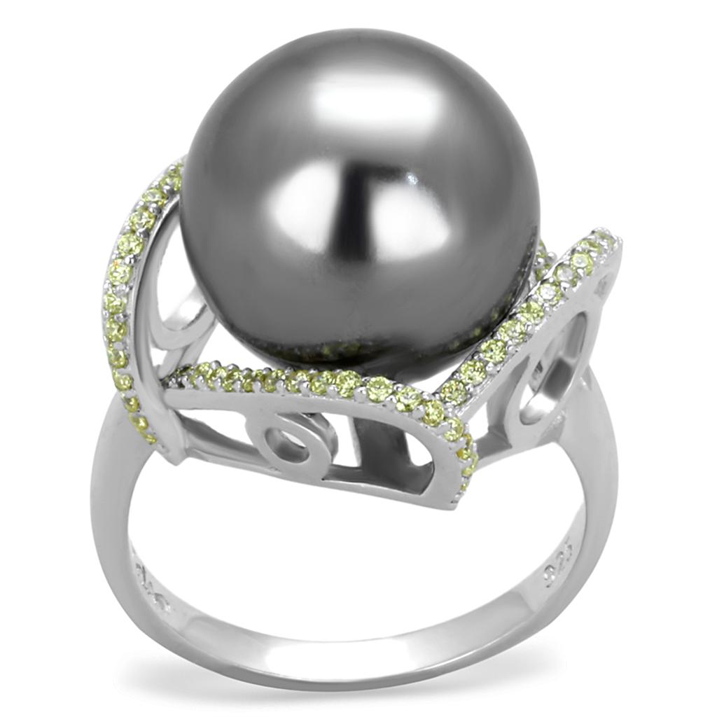 TS318 Rhodium 925 Sterling Silver Ring featuring a gray synthetic pearl, showcasing its elegant design and high-quality materials.