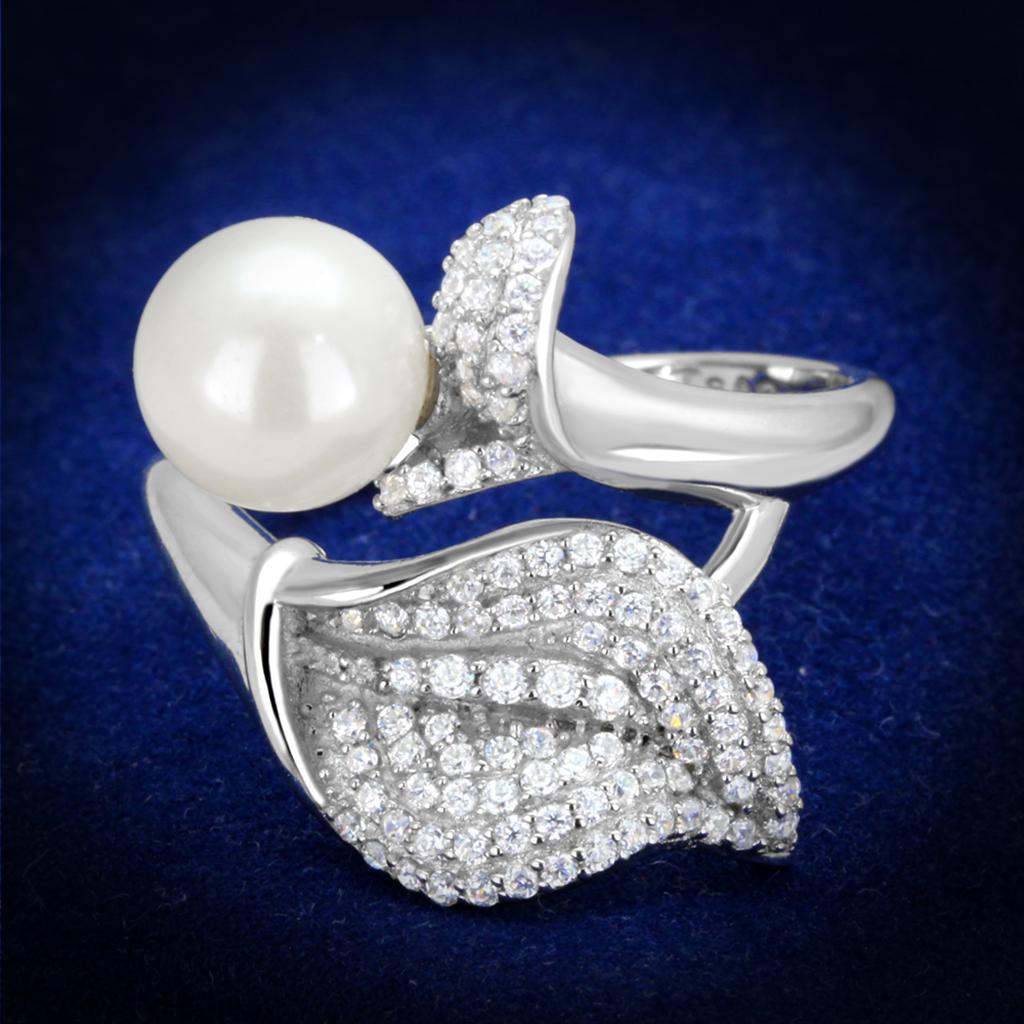 TS329 Rhodium 925 Sterling Silver Ring featuring a synthetic white pearl, showcasing its elegant design and shiny finish.