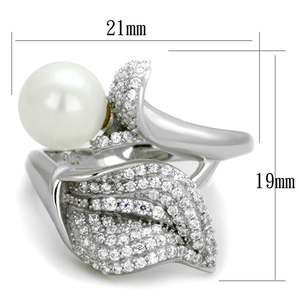 TS329 Rhodium 925 Sterling Silver Ring featuring a synthetic white pearl, showcasing its elegant design and shiny finish.