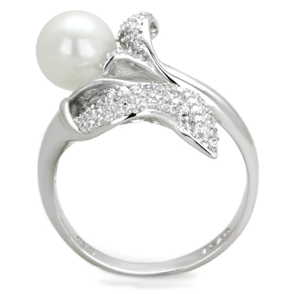 TS329 Rhodium 925 Sterling Silver Ring featuring a synthetic white pearl, showcasing its elegant design and shiny finish.