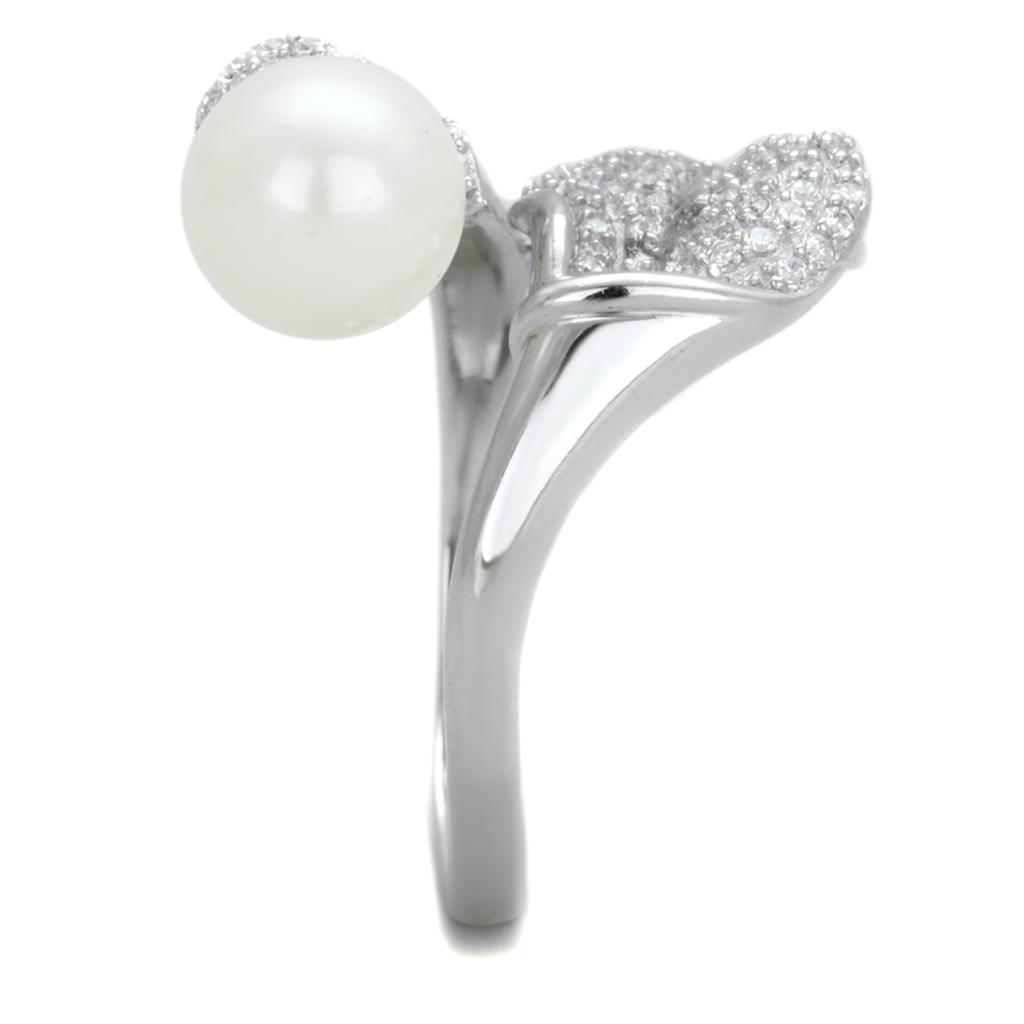 TS329 Rhodium 925 Sterling Silver Ring featuring a synthetic white pearl, showcasing its elegant design and shiny finish.