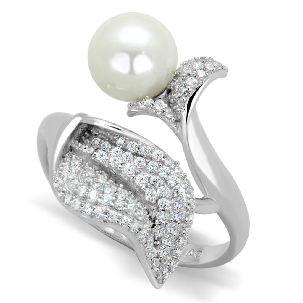 TS329 Rhodium 925 Sterling Silver Ring featuring a synthetic white pearl, showcasing its elegant design and shiny finish.