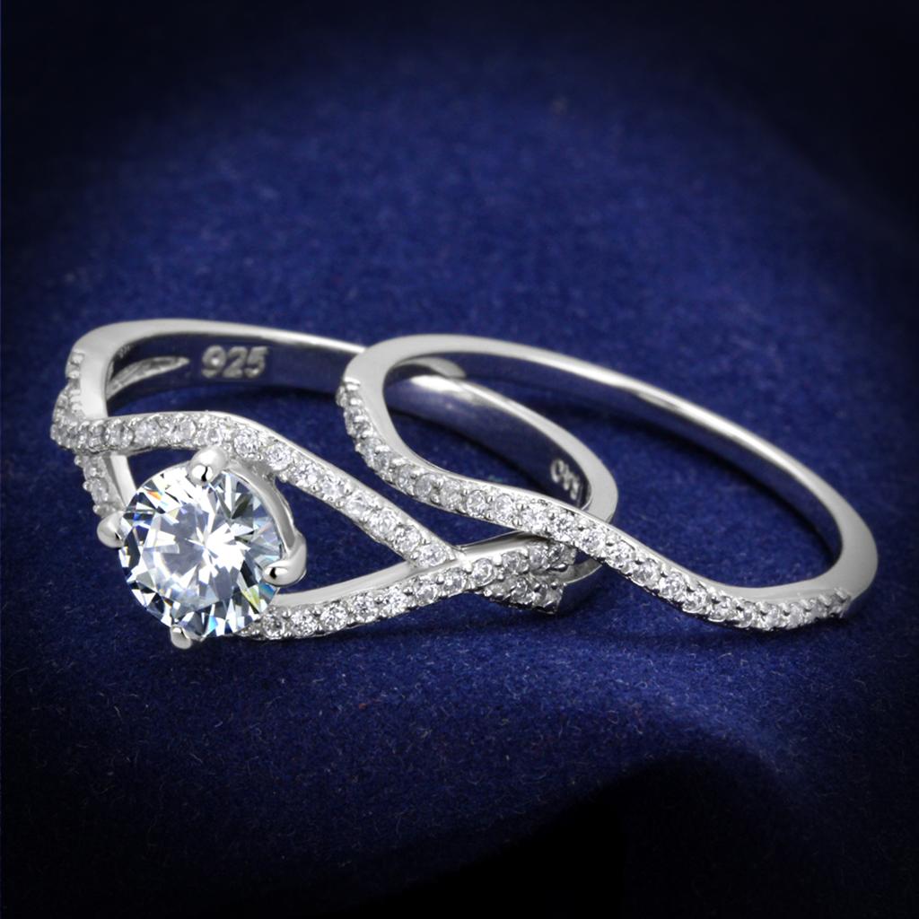 TS350 Rhodium 925 Sterling Silver Ring featuring AAA Grade Clear CZ stone, showcasing its elegant design and shine.