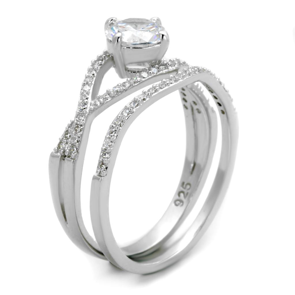 TS350 Rhodium 925 Sterling Silver Ring featuring AAA Grade Clear CZ stone, showcasing its elegant design and shine.