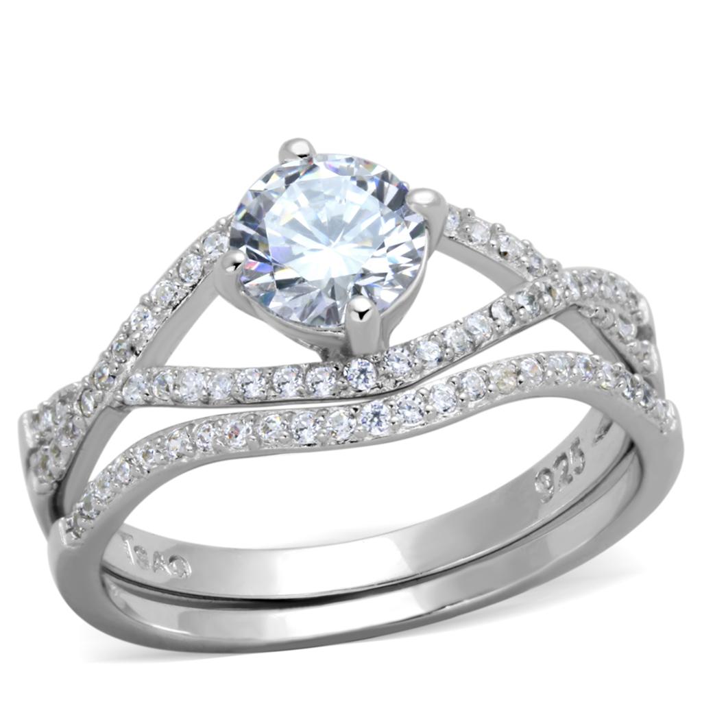 TS350 Rhodium 925 Sterling Silver Ring featuring AAA Grade Clear CZ stone, showcasing its elegant design and shine.