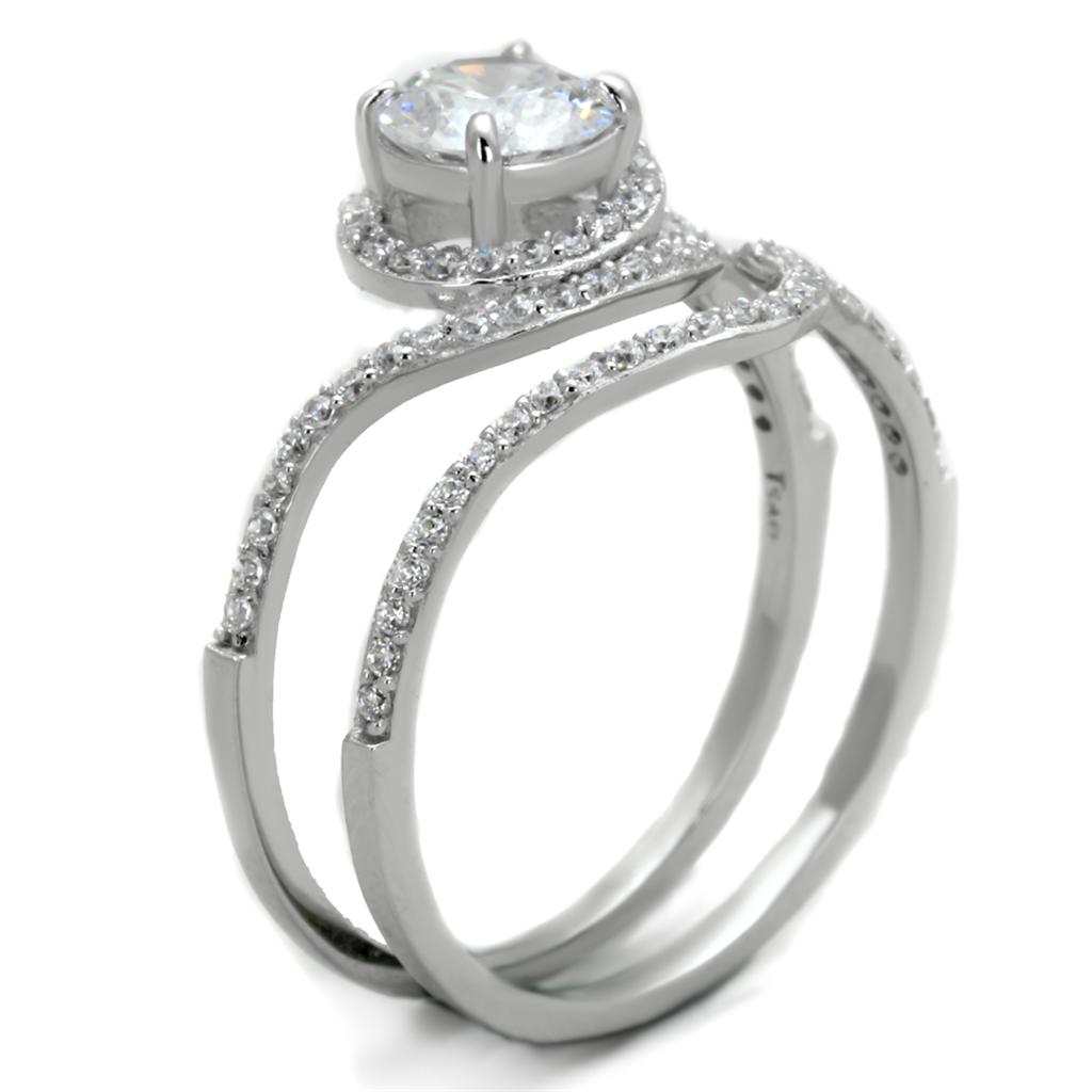 TS351 Rhodium 925 Sterling Silver Ring featuring a clear AAA Grade CZ stone, showcasing its elegant design and high-quality finish.