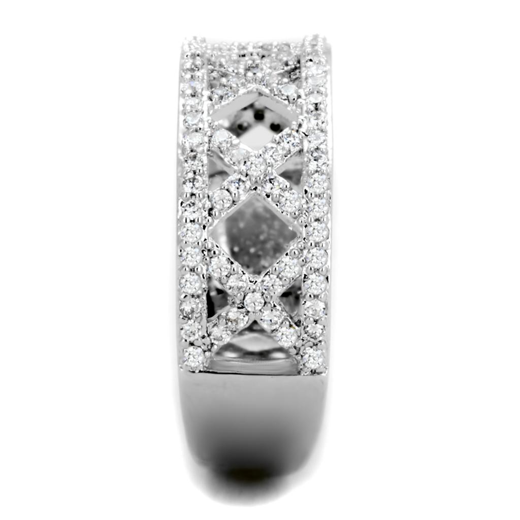 TS354 Rhodium 925 Sterling Silver Ring featuring a clear AAA Grade CZ stone, showcasing its elegant design and high-quality finish.