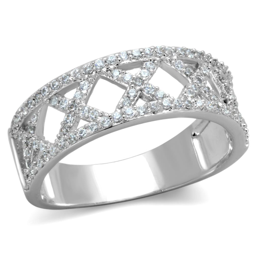 TS354 Rhodium 925 Sterling Silver Ring featuring a clear AAA Grade CZ stone, showcasing its elegant design and high-quality finish.