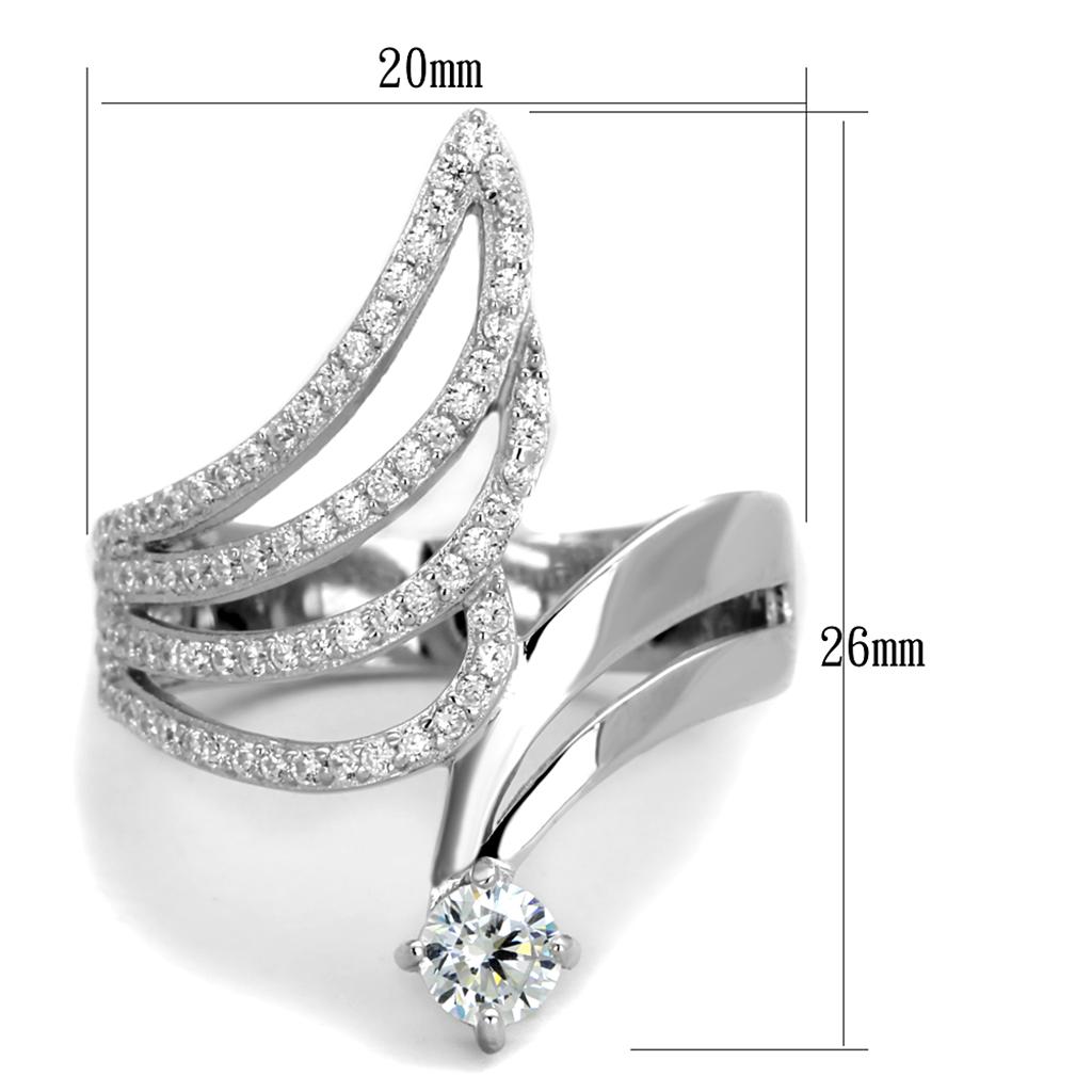 TS356 Rhodium 925 Sterling Silver Ring featuring a clear AAA Grade CZ center stone, showcasing its elegant design and shiny finish.