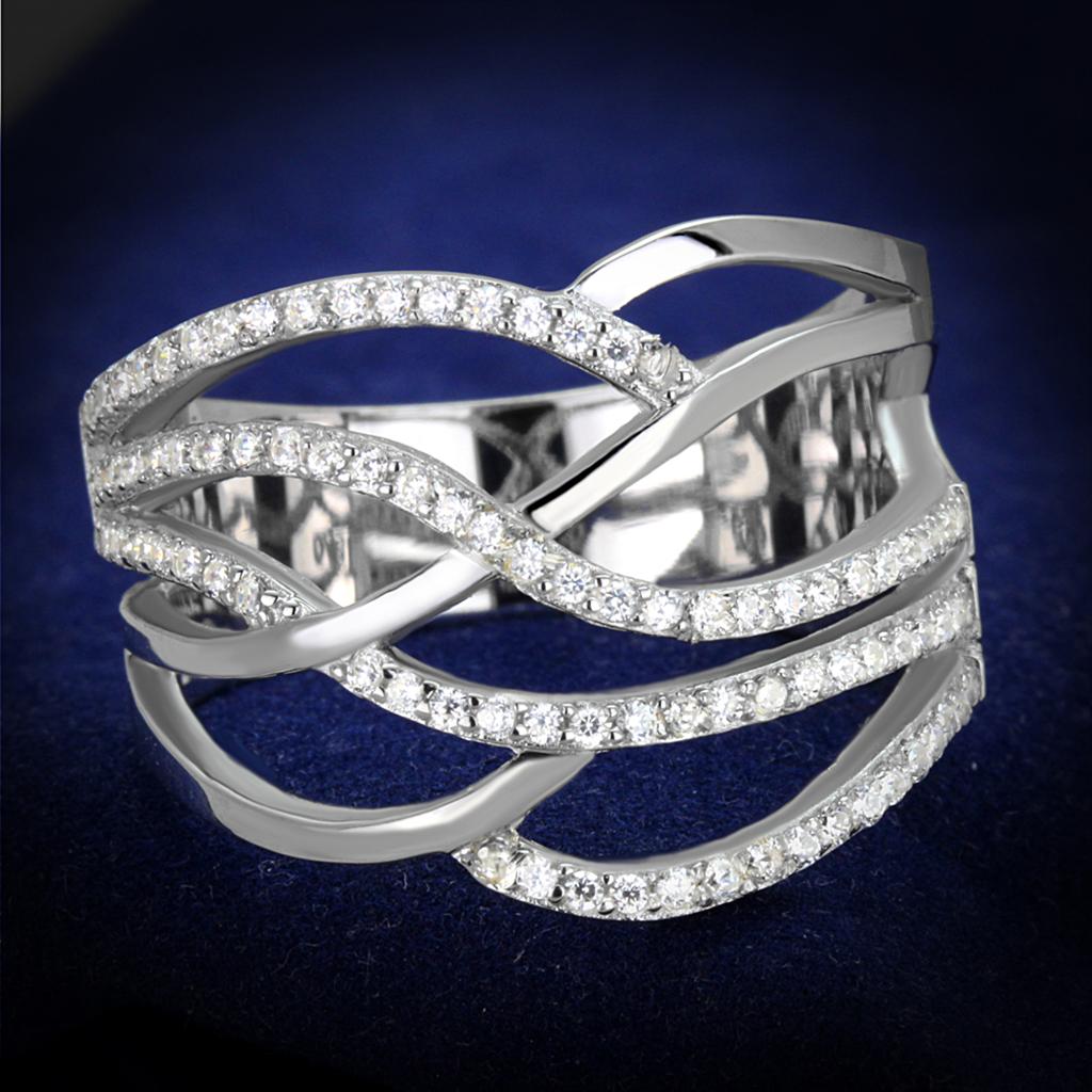 TS357 Rhodium 925 Sterling Silver Ring featuring AAA Grade clear CZ stone, showcasing its elegant design and shine.