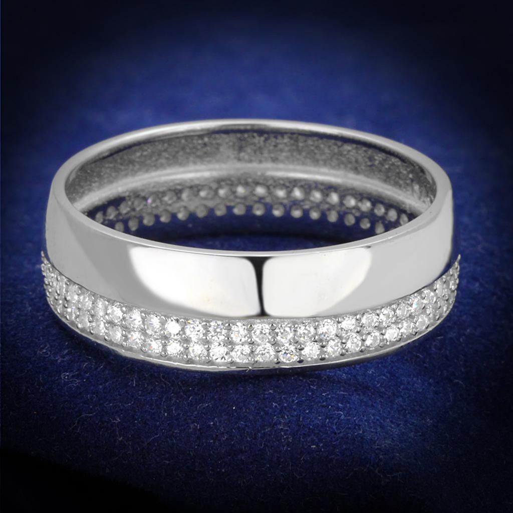 TS375 Rhodium 925 Sterling Silver Ring featuring a clear AAA Grade CZ stone, showcasing its elegant design and high-quality finish.