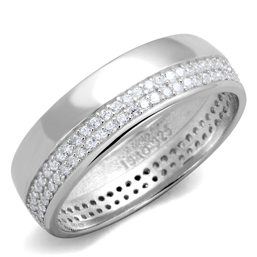 TS375 Rhodium 925 Sterling Silver Ring featuring a clear AAA Grade CZ stone, showcasing its elegant design and high-quality finish.