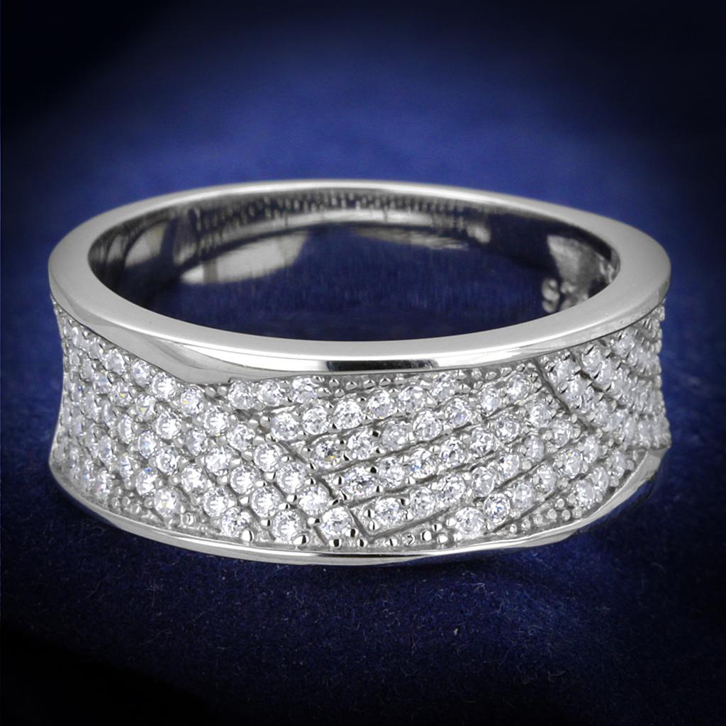 TS376 Rhodium 925 Sterling Silver Ring featuring a clear AAA Grade CZ stone, showcasing its elegant design and shine.