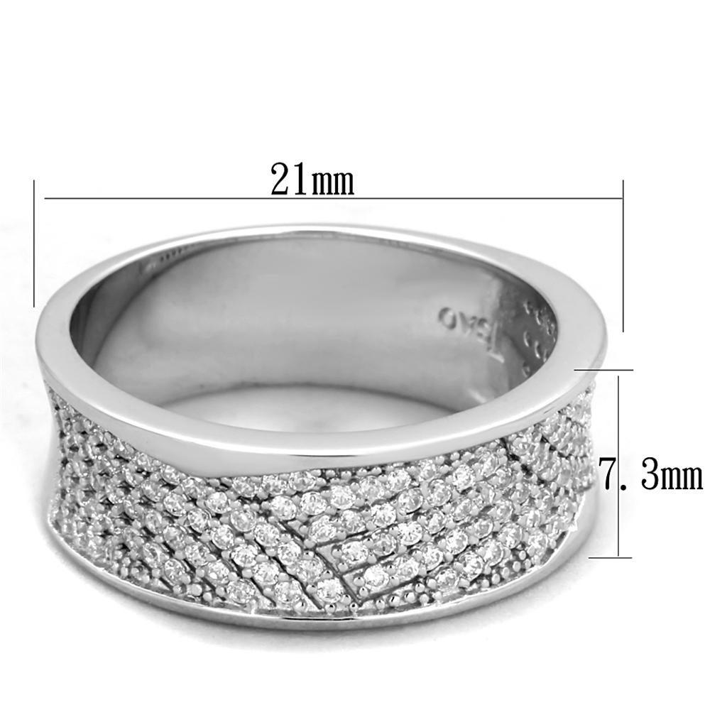 TS376 Rhodium 925 Sterling Silver Ring featuring a clear AAA Grade CZ stone, showcasing its elegant design and shine.