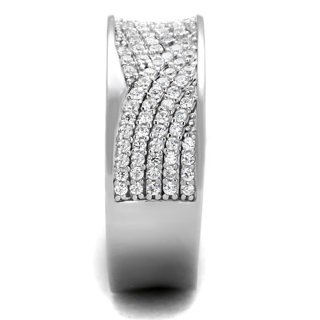 TS376 Rhodium 925 Sterling Silver Ring featuring a clear AAA Grade CZ stone, showcasing its elegant design and shine.