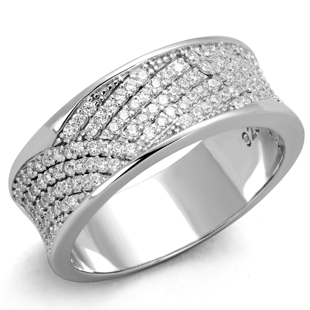 TS376 Rhodium 925 Sterling Silver Ring featuring a clear AAA Grade CZ stone, showcasing its elegant design and shine.