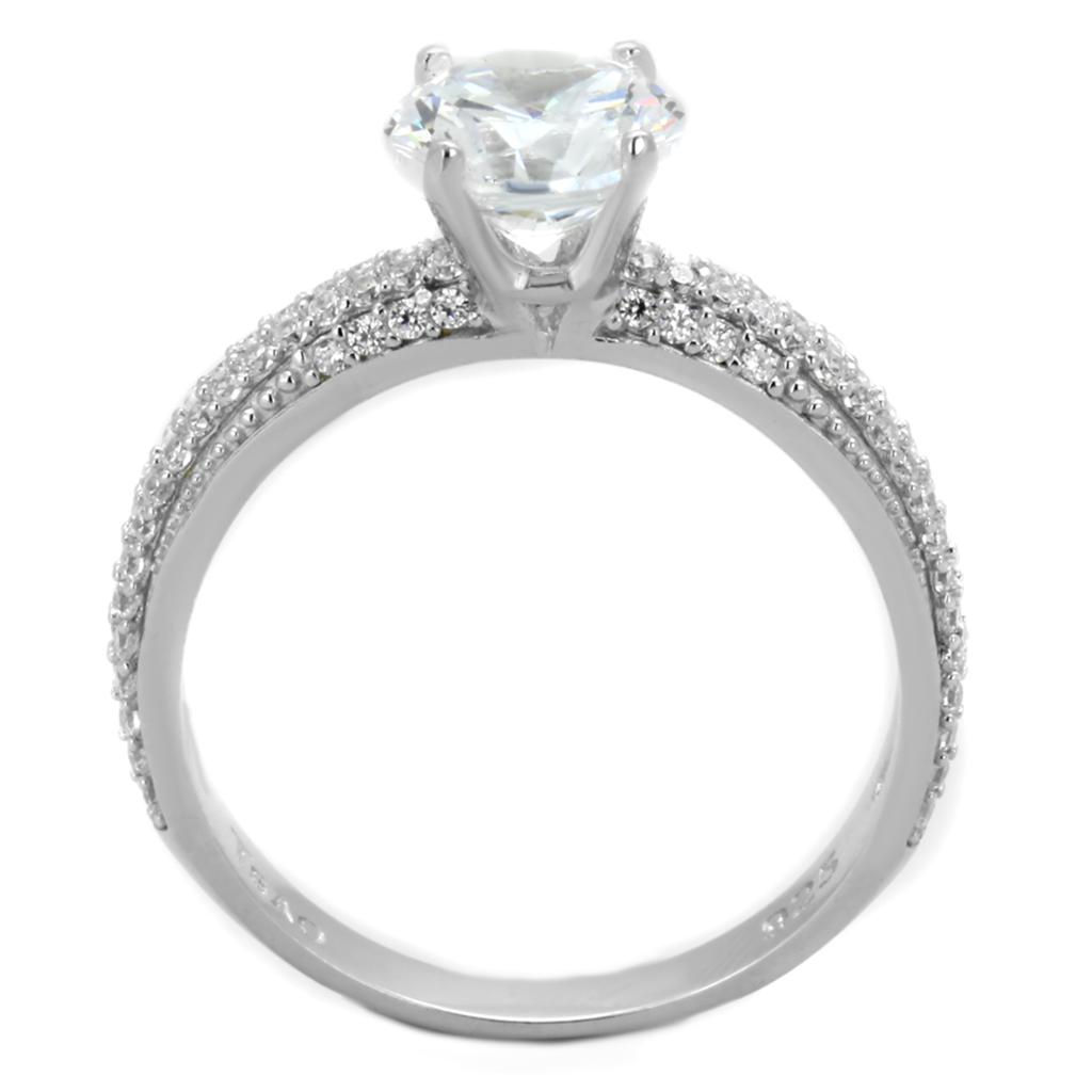 TS338 Rhodium 925 Sterling Silver Ring featuring a clear AAA Grade CZ stone, showcasing its elegant design and shiny finish.