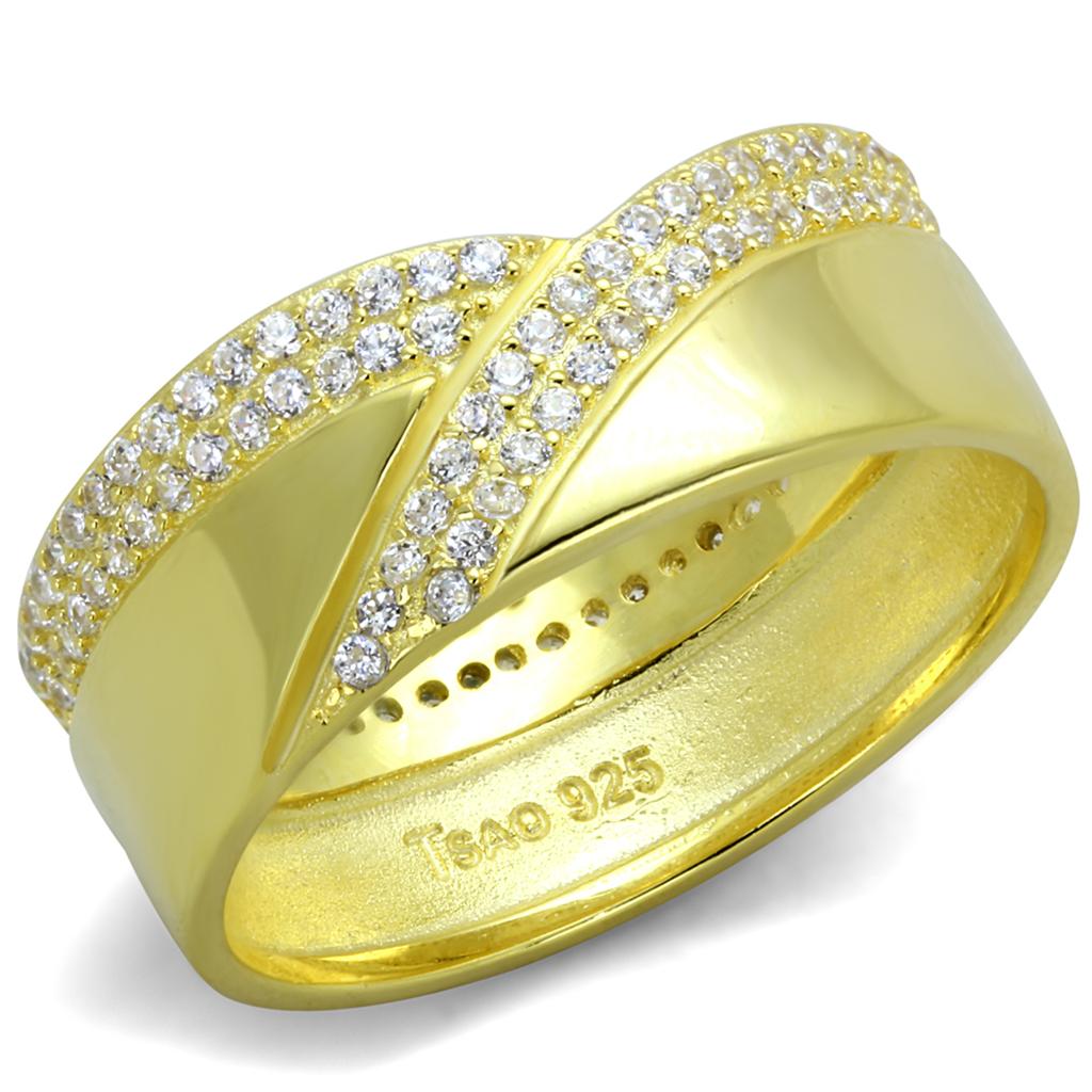 TS380 Gold 925 Sterling Silver Ring featuring a clear AAA Grade CZ stone, showcasing its elegant design and luxurious gold finish.