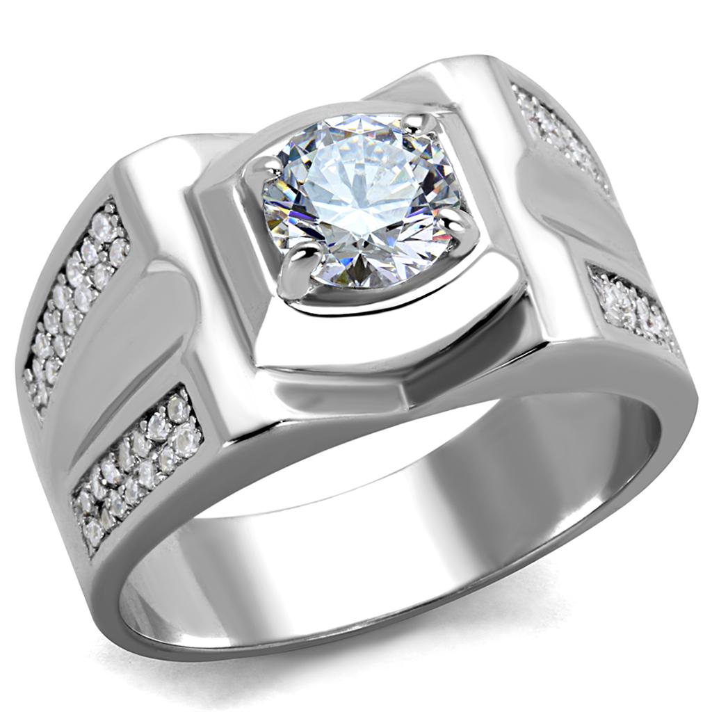 TS385 Rhodium 925 Sterling Silver Ring featuring a clear AAA Grade CZ stone, showcasing its elegant design and high-quality materials.