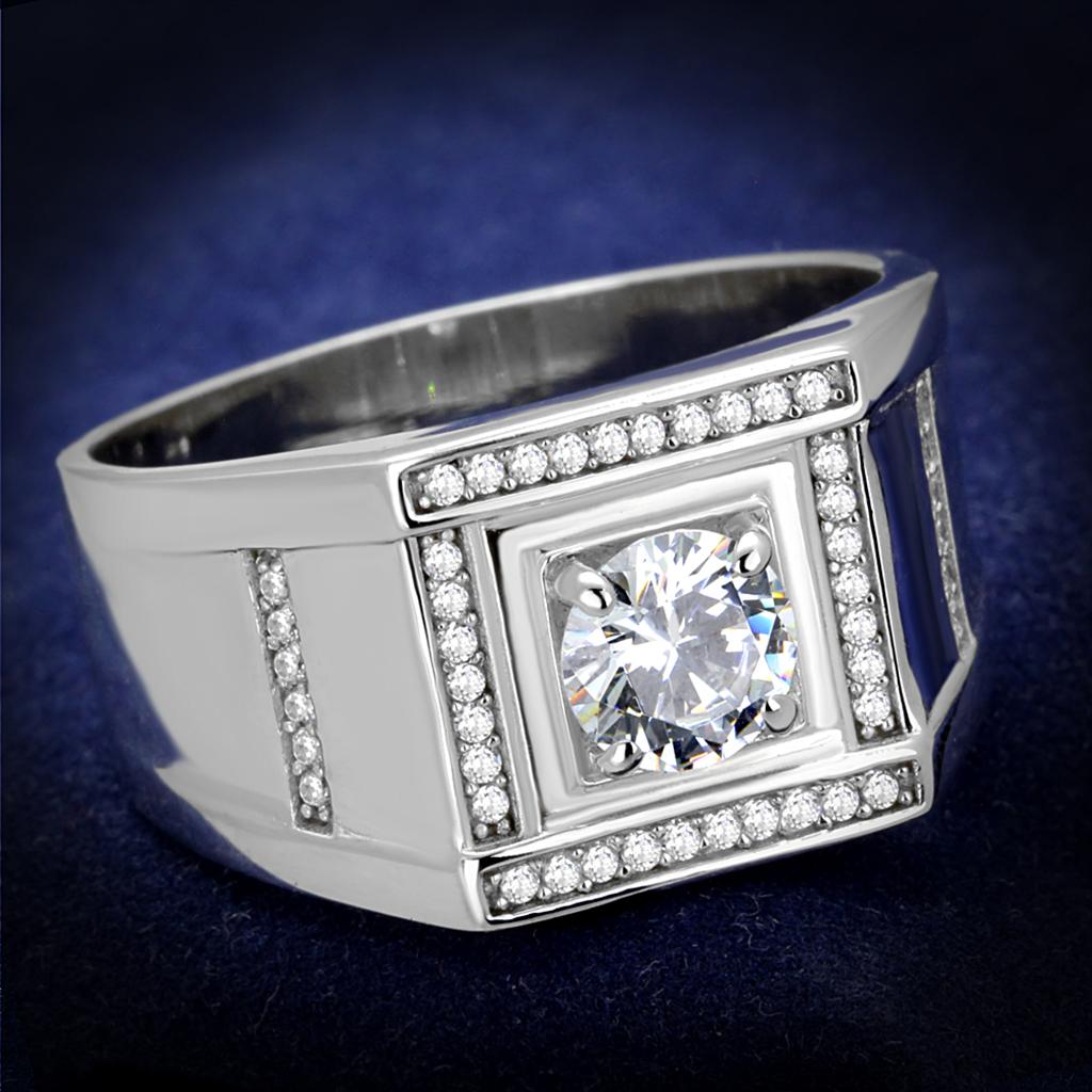 TS386 Rhodium 925 Sterling Silver Ring featuring a clear AAA Grade CZ stone, showcasing its elegant design and high-quality finish.