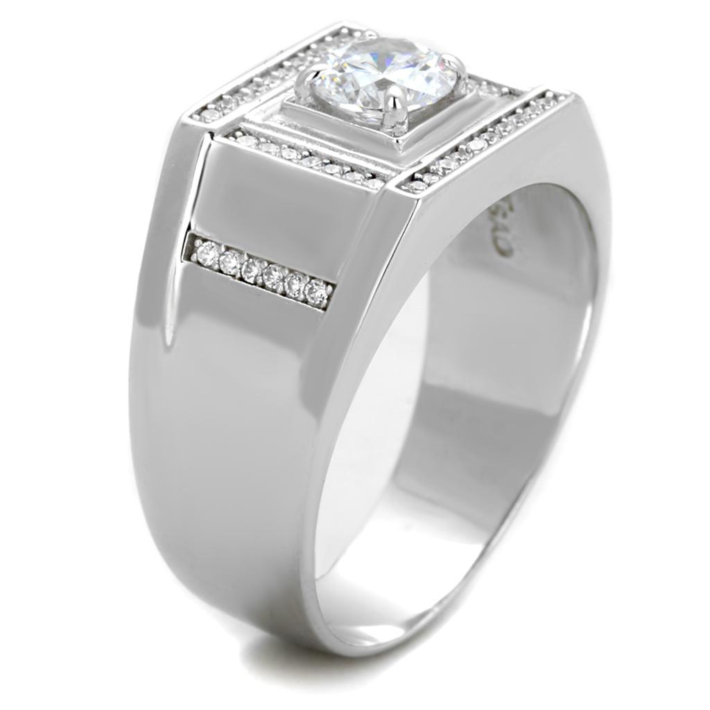 TS386 Rhodium 925 Sterling Silver Ring featuring a clear AAA Grade CZ stone, showcasing its elegant design and high-quality finish.