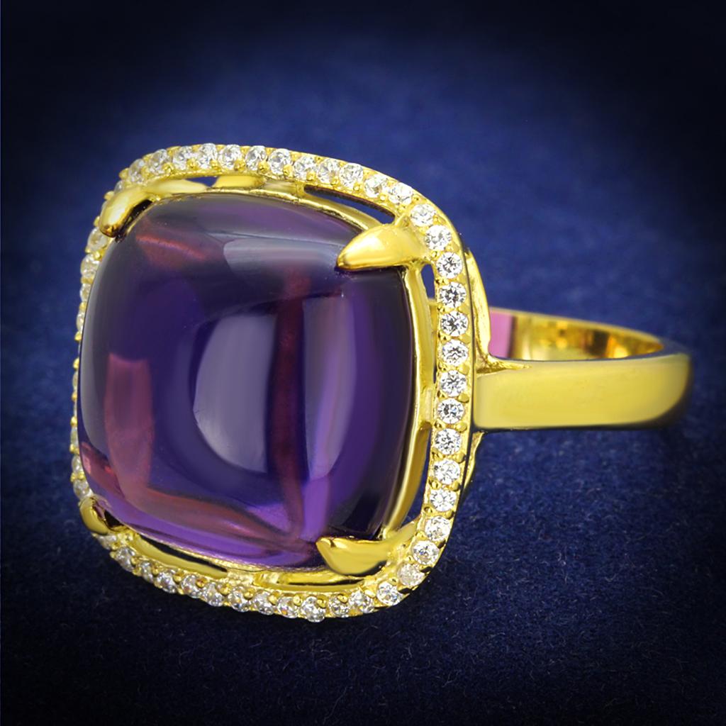 TS392 Gold 925 Sterling Silver Ring featuring a synthetic amethyst stone, showcasing a luxurious gold plating finish.