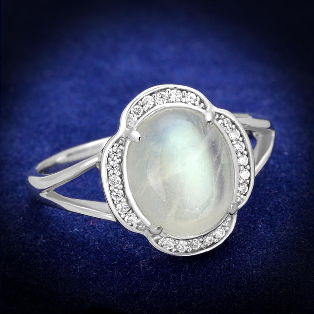 TS393 Rhodium 925 Sterling Silver Ring featuring a clear semi-precious Moon Stone, showcasing its elegant design and shiny finish.