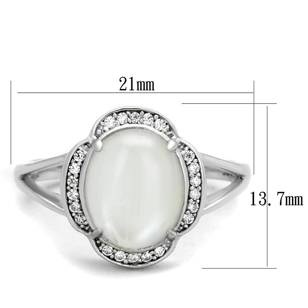 TS393 Rhodium 925 Sterling Silver Ring featuring a clear semi-precious Moon Stone, showcasing its elegant design and shiny finish.