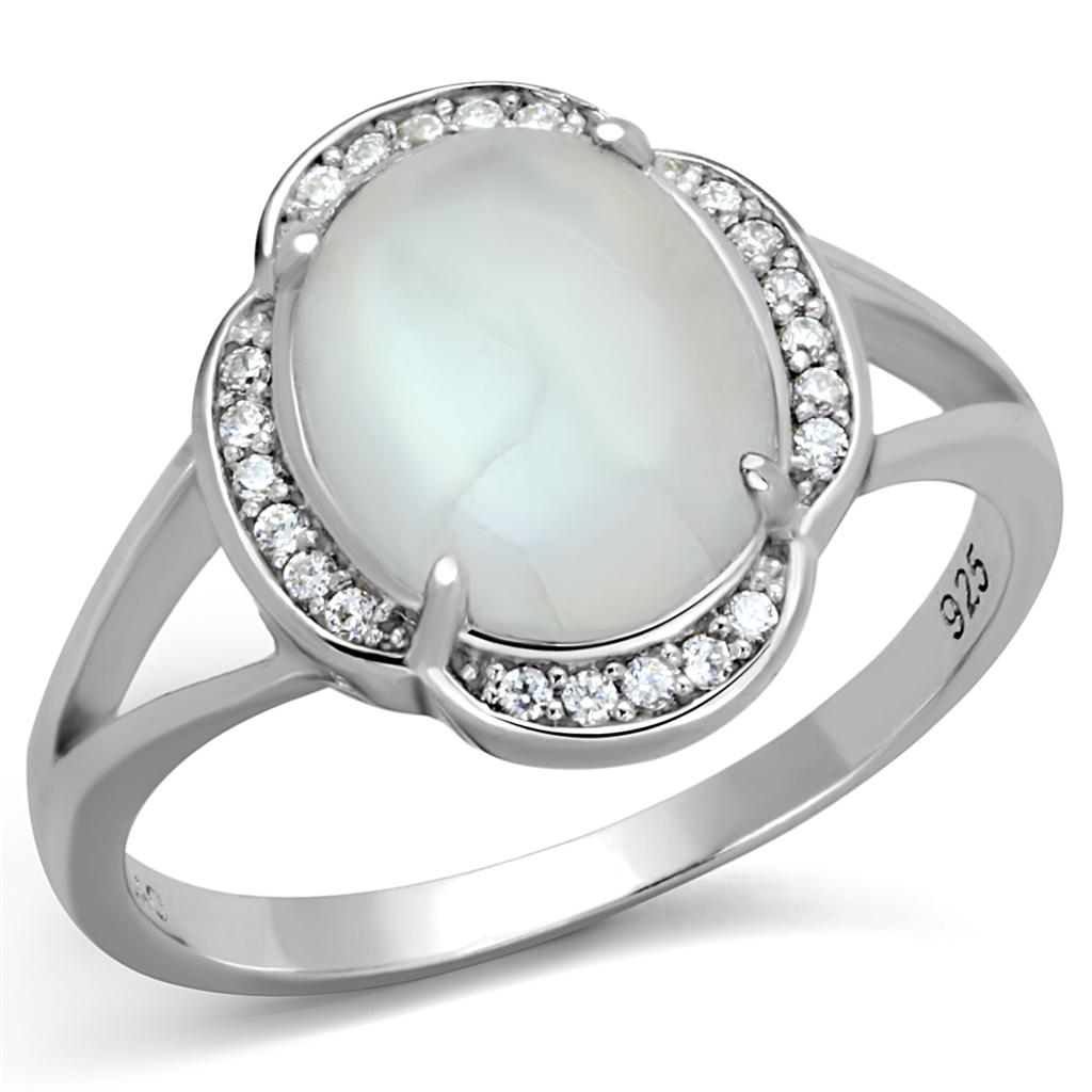 TS393 Rhodium 925 Sterling Silver Ring featuring a clear semi-precious Moon Stone, showcasing its elegant design and shiny finish.