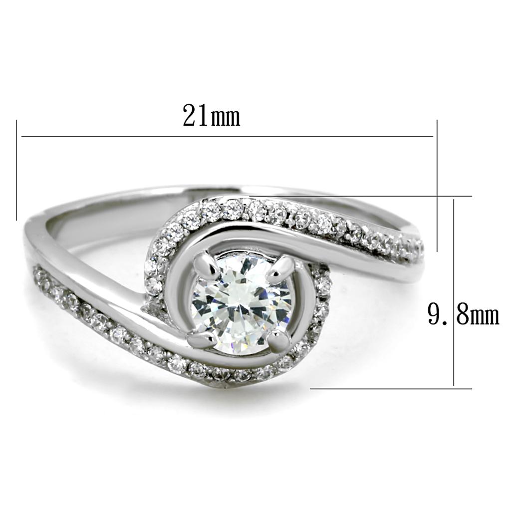 TS397 Rhodium 925 Sterling Silver Ring featuring a clear AAA Grade cubic zirconia stone, showcasing its elegant design and shiny finish.