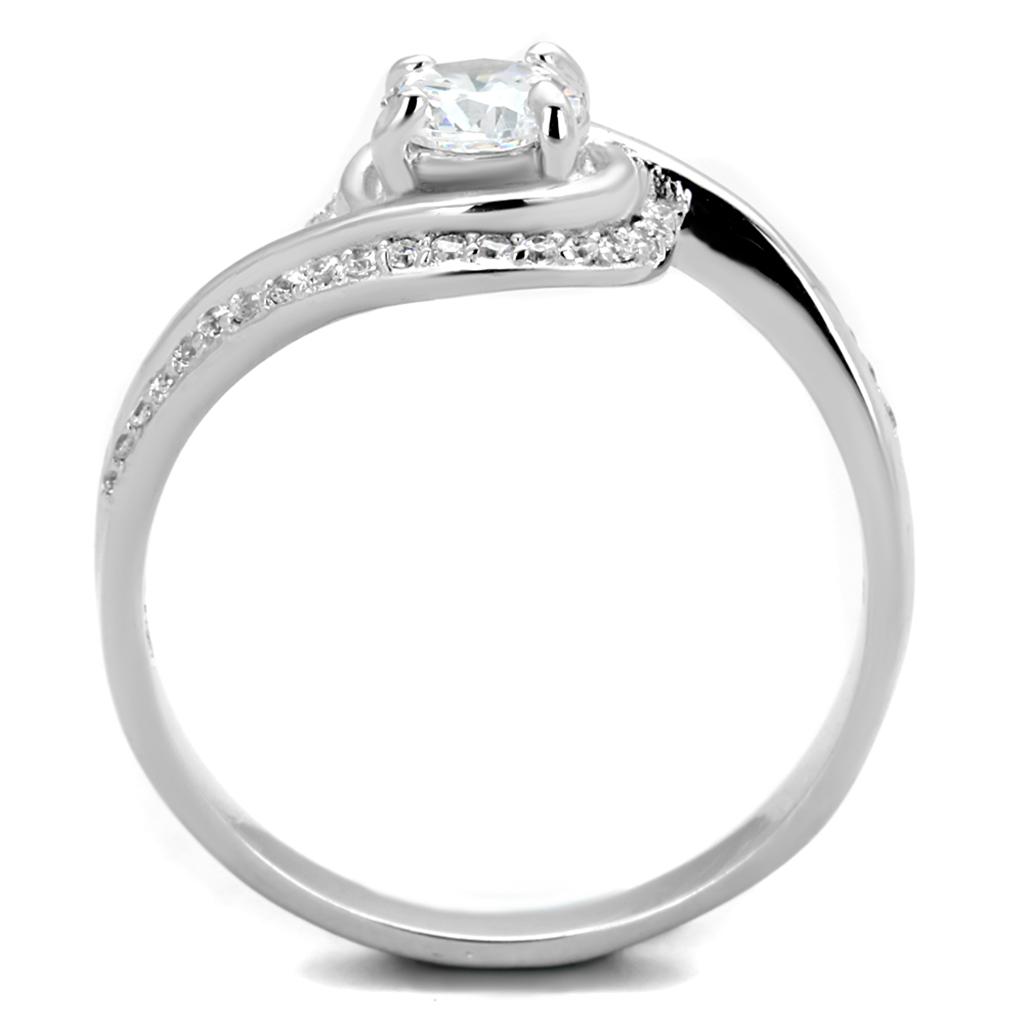 TS397 Rhodium 925 Sterling Silver Ring featuring a clear AAA Grade cubic zirconia stone, showcasing its elegant design and shiny finish.