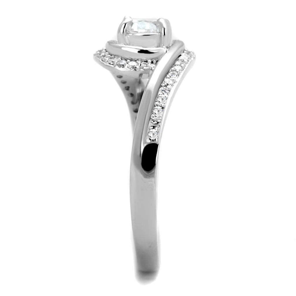 TS397 Rhodium 925 Sterling Silver Ring featuring a clear AAA Grade cubic zirconia stone, showcasing its elegant design and shiny finish.