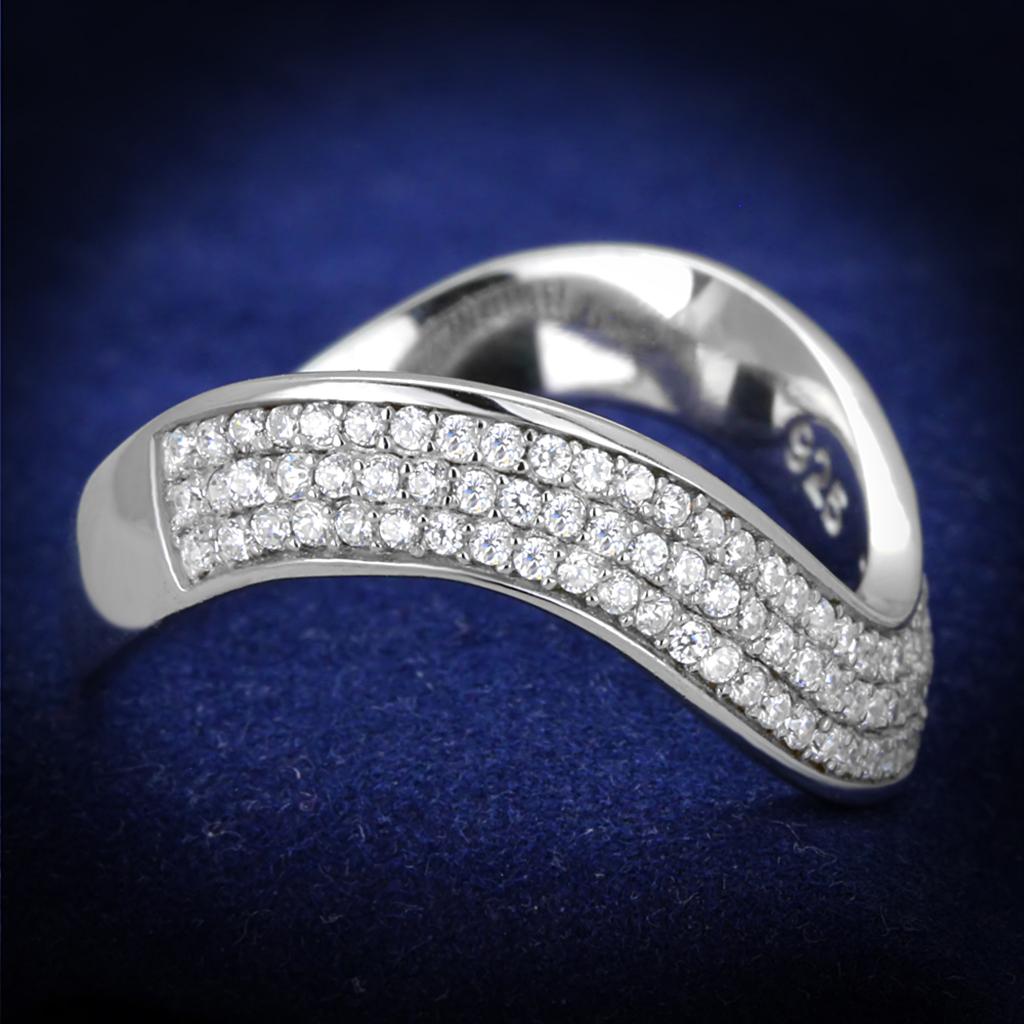 TS402 Rhodium 925 Sterling Silver Ring featuring a clear AAA Grade CZ stone, showcasing its elegant design and shiny finish.