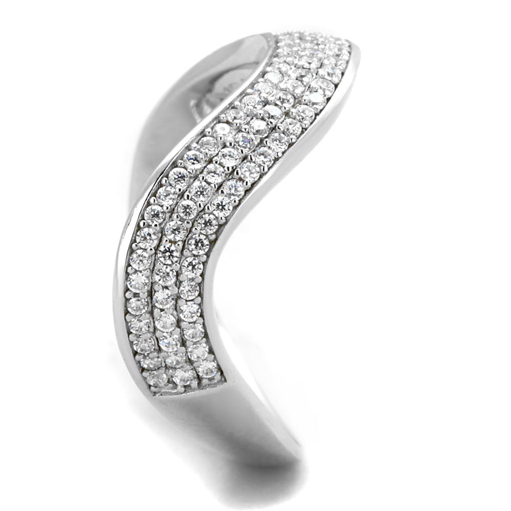 TS402 Rhodium 925 Sterling Silver Ring featuring a clear AAA Grade CZ stone, showcasing its elegant design and shiny finish.