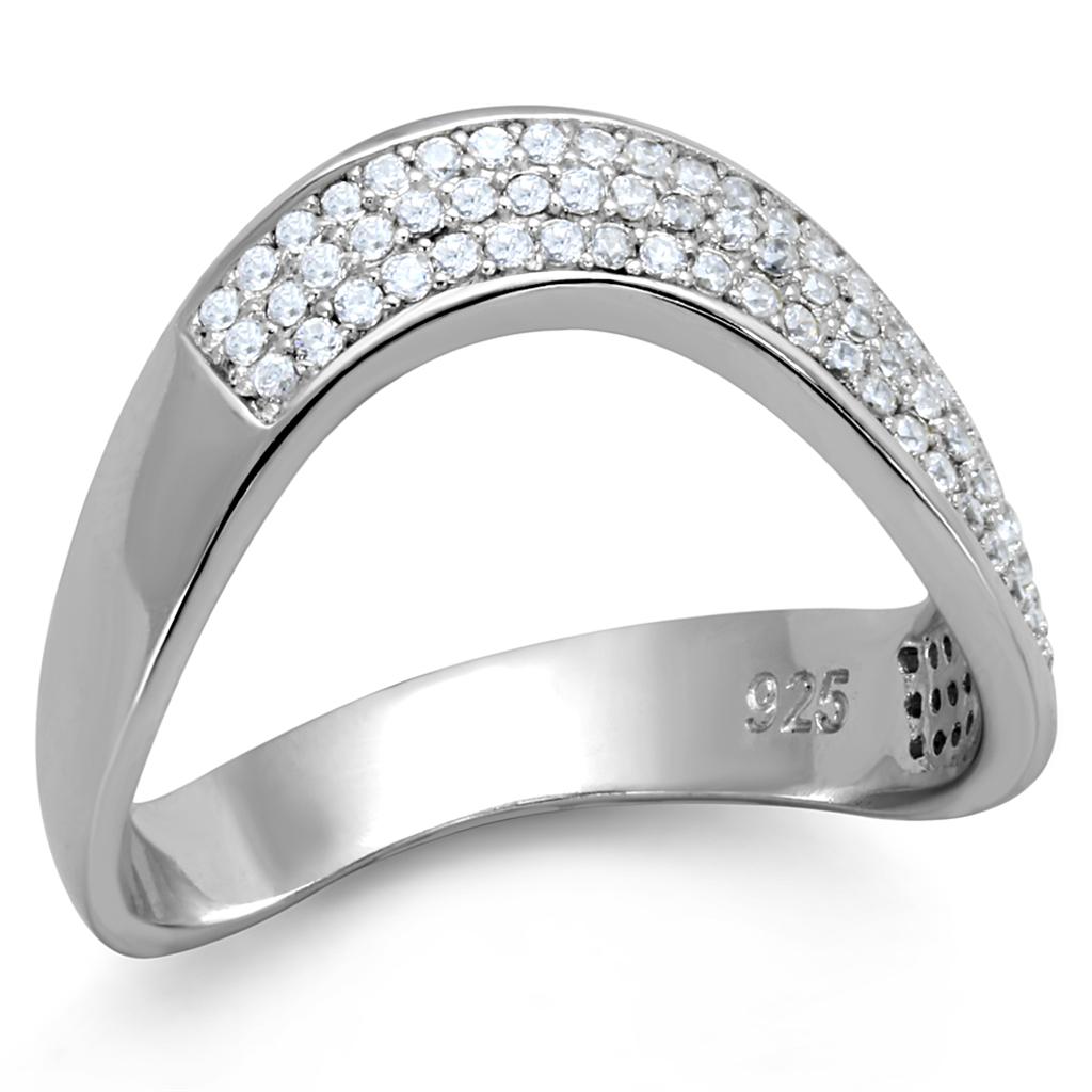 TS402 Rhodium 925 Sterling Silver Ring featuring a clear AAA Grade CZ stone, showcasing its elegant design and shiny finish.