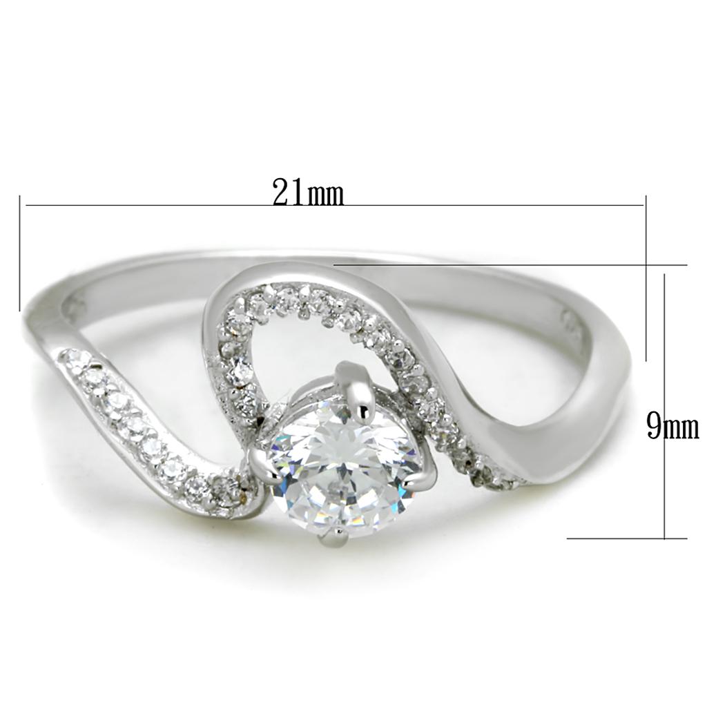 TS423 Rhodium 925 Sterling Silver Ring featuring a clear AAA Grade cubic zirconia stone, showcasing its elegant design and shiny finish.