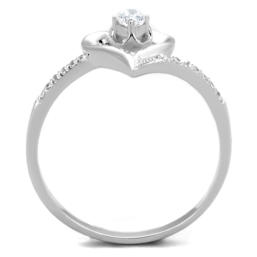 TS425 Rhodium 925 Sterling Silver Ring featuring a clear AAA Grade CZ stone, showcasing its elegant design and shiny finish.