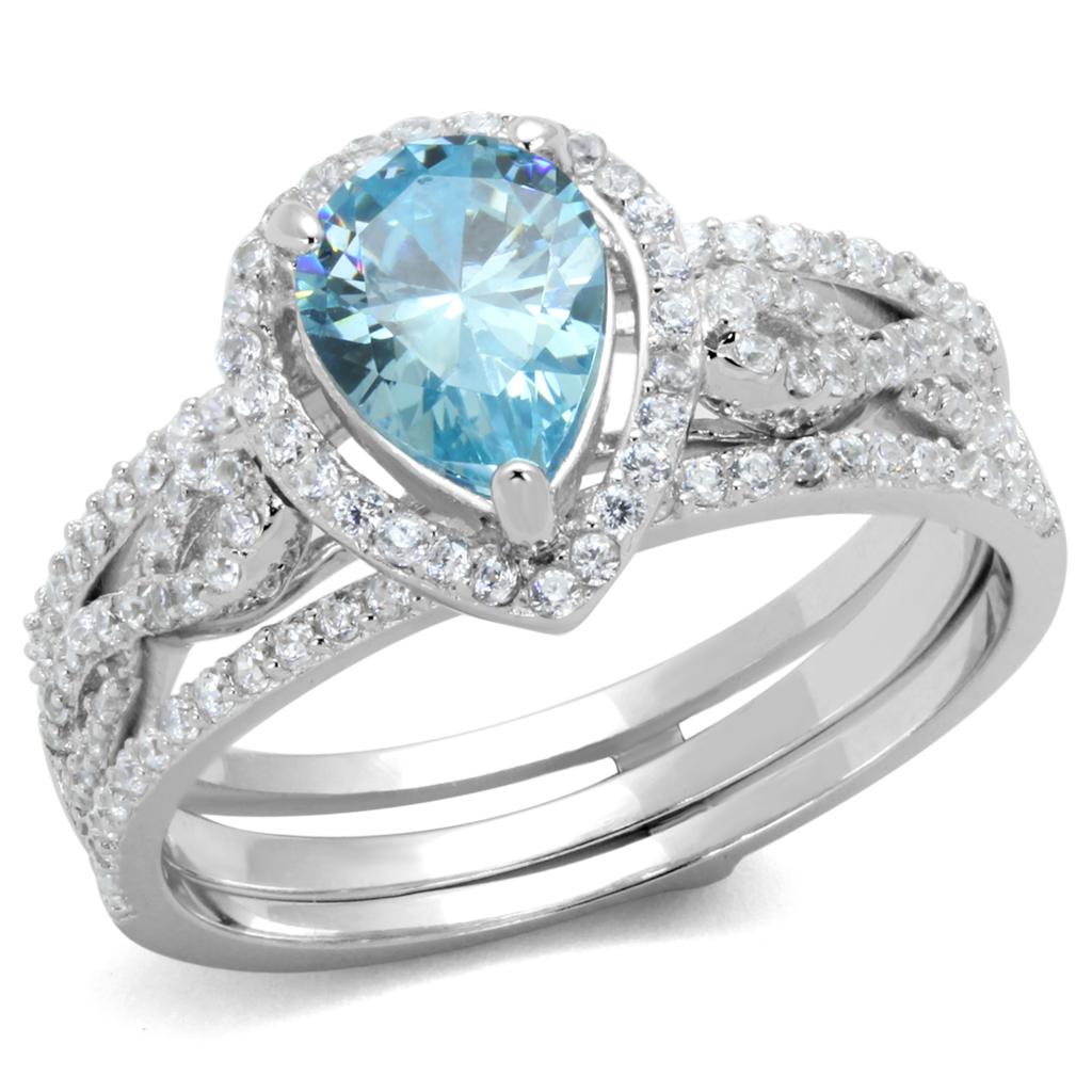 TS453 Rhodium 925 Sterling Silver Ring featuring a stunning AAA Grade CZ in sea blue, showcasing its elegant design and shine.