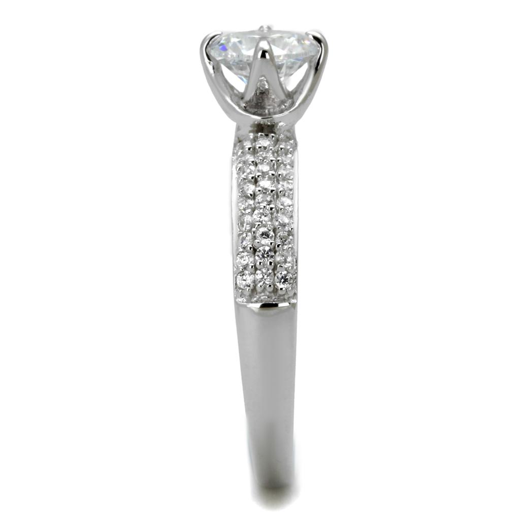 TS458 Rhodium 925 Sterling Silver Ring featuring a clear AAA Grade CZ stone, showcasing its elegant design and shiny finish.