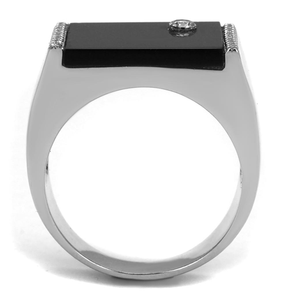 TS459 Rhodium 925 Sterling Silver Ring featuring a synthetic onyx stone in jet color, showcasing its elegant design and shiny finish.