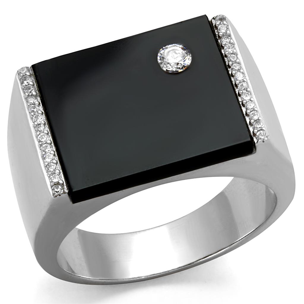 TS459 Rhodium 925 Sterling Silver Ring featuring a synthetic onyx stone in jet color, showcasing its elegant design and shiny finish.