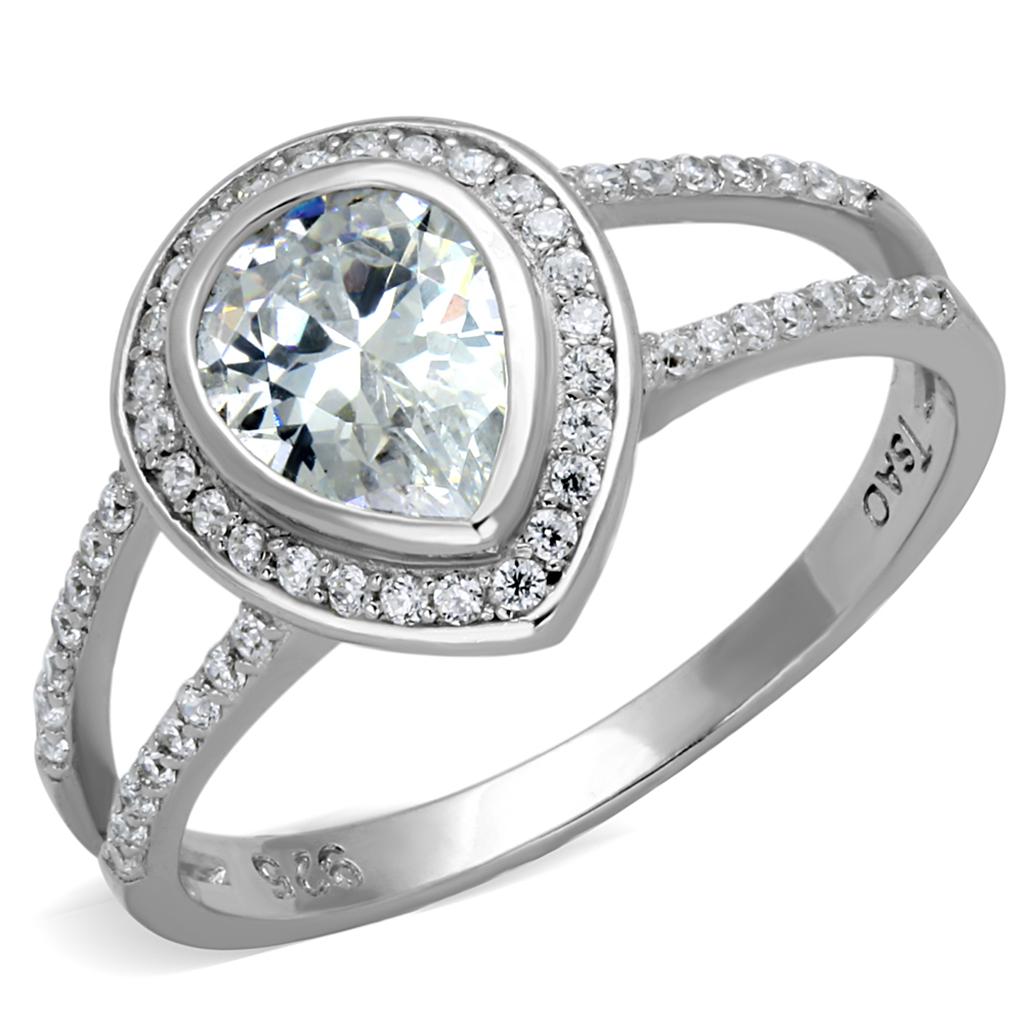 TS465 Rhodium 925 Sterling Silver Ring featuring a clear AAA Grade CZ stone, showcasing its elegant design and high-quality materials.