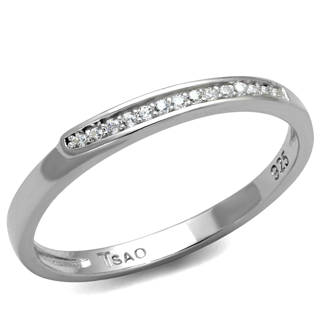 TS472 Rhodium 925 Sterling Silver Ring featuring a clear AAA Grade CZ stone, showcasing its elegant design and shiny finish.