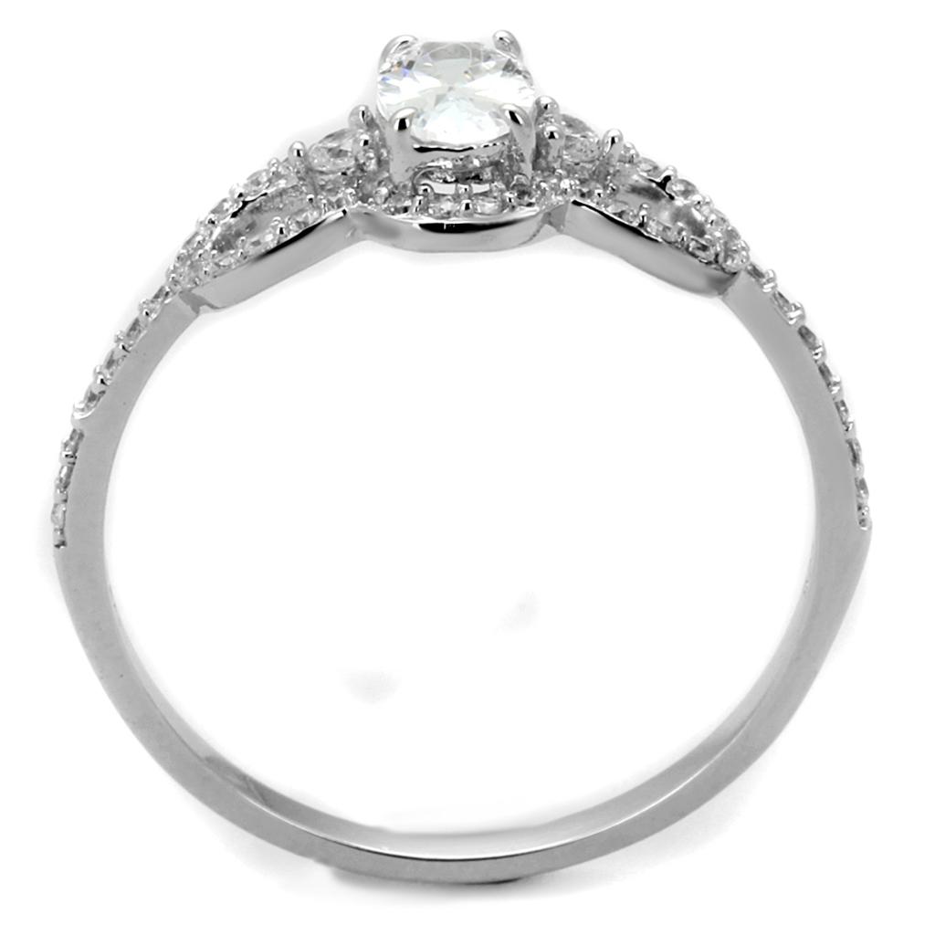 TS486 Rhodium 925 Sterling Silver Ring featuring a clear AAA Grade CZ stone, showcasing its elegant design and shiny finish.